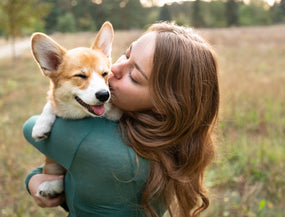 Hundebesitzer umarmt ihren Hund